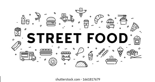 Street food banner concept. Modern icon design template for cafe, delivery, restaurant, stall, bar. Vector line fastfood logo illustration. Flat take away symbol template
