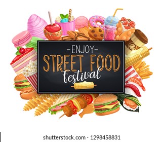 Street food banner. Takeaway meals, Hong Kong waffles, spiral potato chips, lemonade and apples in caramel, hamburger and hot dog. Barbecue, sushi and boiled corn.