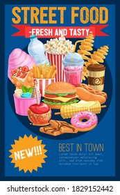 Street food banner. Vector flat illustration of fast food french fries, hamburger, hot dog, coffee. Takeaway meals ad poster with donut, hot corn, popcorn, ice cream, lemonade, apple in caramel.