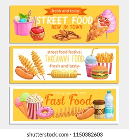 Street food banners. Takeaway meals template with bubble waffles, hong kong, spiral potato chips, lemonade and apples in caramel. Vector illustration fast food french fries, hamburger or hot dog.