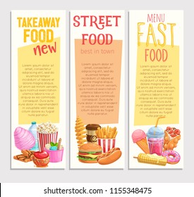Street food banners. Takeaway meals template with bubble waffles, hong kong, spiral potato chips, lemonade and apples in caramel. Vector illustration fast food french fries, hamburger or hot dog.