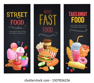 Street food banners. Takeaway meals template with bubble waffles, hong kong, spiral potato chips, lemonade and apples in caramel. Vector illustration fast food french fries, hamburger or hot dog.