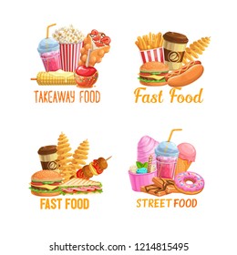 Street food banners, vector illustration. Takeaway meals, Hong Kong waffles, spiral potato chips, lemonade and apples in caramel, hamburger and hot dog. Barbecue coffee and boiled corn. 