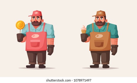Street food and beverages funny hawker. Cartoon vector illustration. Seller or chef character
