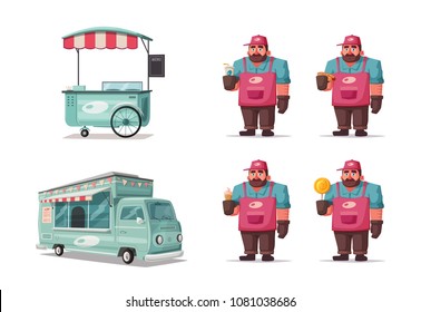 Street Food And Beverages Funny Hawker. Cartoon Vector Illustration. Seller Or Chef Character