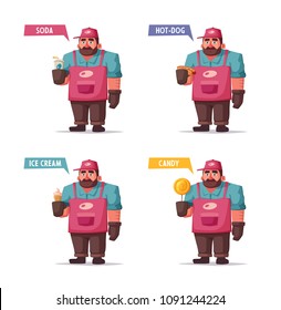 Street food and beverages funny hawker. Cartoon vector illustration. Seller or chef character