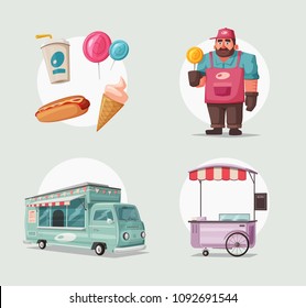 Street food and beverages funny hawker. Cartoon vector illustration. Seller or chef character