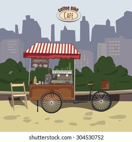 Street food, bicycle coffee shop, cartoon, vector, banner, illustration