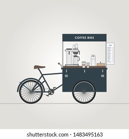 Street food bike. Coffee bicycle. Coffee Bike. Summertime mini cafe. Hot-dog and ice-cream cart. Food festival shop. Vector illustration. svg