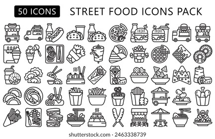 Street food black outline icons set. contain fried chicken, pizza, ramen, takoyaki, pretzel, nachos, donut, dumpling, dim sum and more. best for UI or UX kit, web and app development. vector EPS 10.