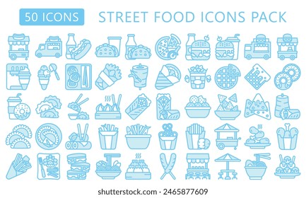 Street food blue color icons pack. contain fried chicken, pizza, ramen, pretzel, nachos, donut, dumpling, dim sum and more. best for UI or UX kit, web and app development. vector EPS 10.