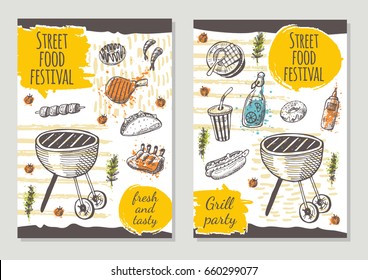 Street food brochure flyer design. Retro background. Hand drawn vector illustration. Can be used for festival, shop, market, menu, cafe, restaurant, poster, banner, sticker, placard, layout and other.