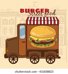 Street food, burger, car, vector illustration