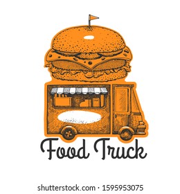 Street food burger van logo template. Hand drawn vector truck with fast food illustration. Engraved style hamburger truck retro design.