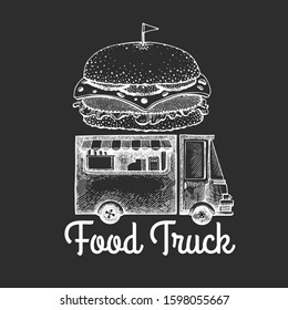 Street food burger van logo template. Hand drawn vector truck with fast food illustration on chalk board. Engraved style hamburger truck vintage design.