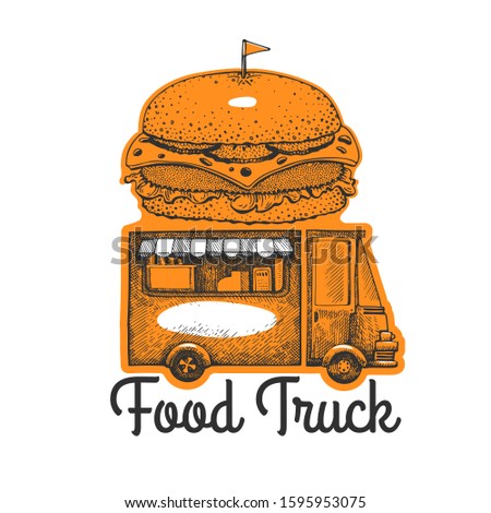 Street food burger van logo template. Hand drawn vector truck with fast food illustration. Engraved style hamburger truck retro design.