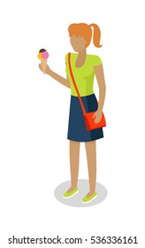 Street food buyer isolated. Woman in casual cloth eats ice cream. Cartoon character with tasty ice corn. Concept illustration for street food consumption. Quick snack. Fast food. Vector in flat design