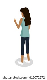 Street food buyer isolated. Woman in casual cloth points on something by finger. Cartoon character wants to buy a snack. Concept illustration for street food consumption. Back view. Fast food. Vector