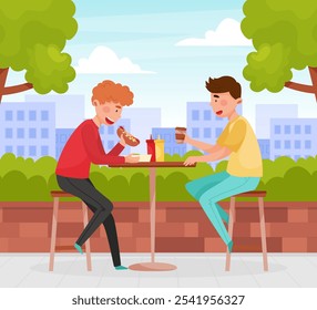 Street Food Cafe with Man Sit at Table Drink Coffee and Eat Hot Dog Vector Illustration