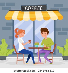 Street Food Cafe with Man and Woman Sit at Table Drink Coffee Vector Illustration