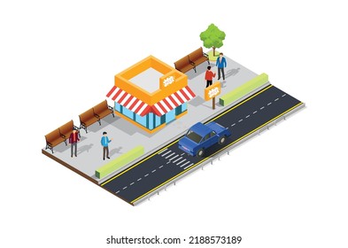 Street food cafe on the sidewalk. Vector Isometric Illustration Suitable for Diagrams, Infographics, And Other Graphic assets Editable in 10 EPS