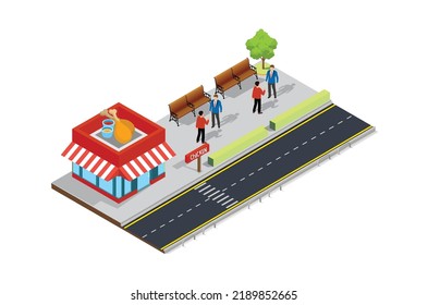Street food cafe on the sidewalk. Vector Isometric Illustration Suitable for Diagrams, Infographics, And Other Graphic assets Editable in 10 EPS