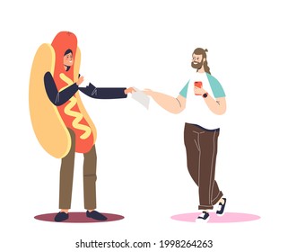 Street food cafe promoter dressed in hot dog costume distributing leaflest and flyers with discounts and promotion commercial of new restaurant outdoor in street. Cartoon flat vector illustration