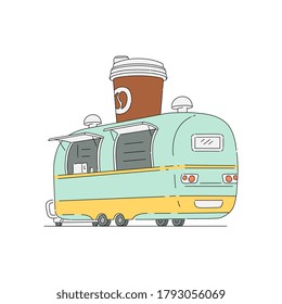 Street food cafeteria truck vector illustration in sketch cartoon style isolated on white background. Food festival and fair cafeteria or confectionary van.