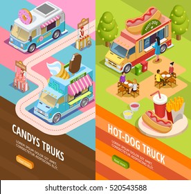 Street food candy and hotdogs trucks in attraction park 2 isometric vertical banners webpage design isolated vector illustration 