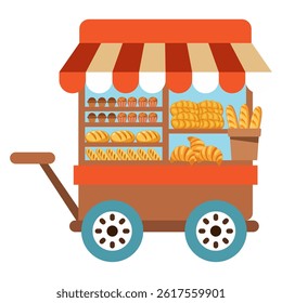Street Food Cart Bakery Bread Vendor Colorful Wheels Flat Design Urban Outdoor Fresh Market Service