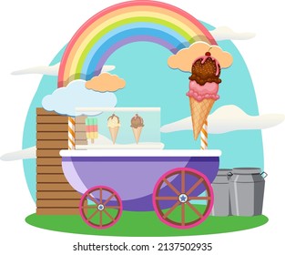 Street food cart concept with ice cream cart illustration