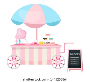 Street food cart flat vector illustration. Sweets and candies trolley. Outdoor confectionery cartoon concept isolated on white. Summer festival, carnival pink market stall with confections and pastry