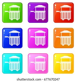 Street food cart icons of 9 color set isolated vector illustration