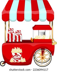 street food cart. red pop corn market stall template. Pop corn kiosk store mockup. Vector 