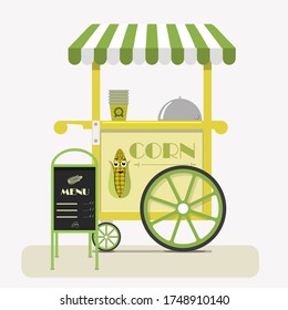 Street Food Cart With Sweet Corn. Flat Vector Illustration Of A Cute Cart Selling Corn In Cups At Fairs, Street, Park, Festival. Advertising Stand With The Kiosk S Menu And Price List. Happy Corn Logo