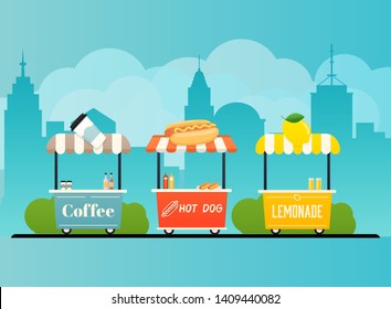 Street food cart. Urban landscape. Flat design modern vector illustration concept.