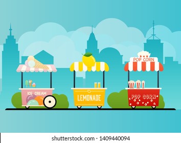 Street food cart. Urban landscape. Flat design modern vector illustration concept.