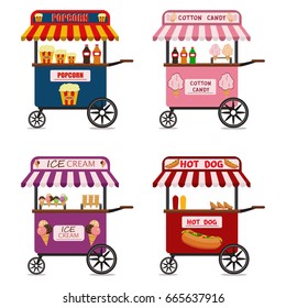 Street food cart vector illustration set Candy corn container seller cart. Popcorn cart snack food market flat vector illustration.