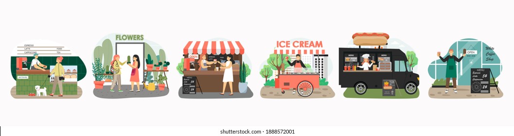 Street food carts with coffee, hot dog, ice cream. Fast food truck, festival stall. Small business concept vector illustration in flat style. Barista in cafe, woman sell flowers in shop