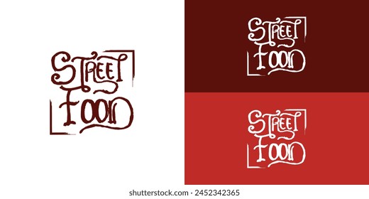 Street Food Chalk Handwriting Typography for Restaurant Cafe Bar logo design in deep red color. Street food festival logo design template in multiple background colors