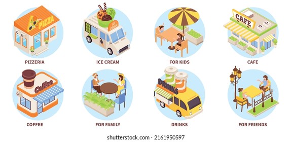 Street food and coffee kiosk isometric icons set isolated vector illustration