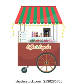Street food coffee market stall decorated with Christmas garland. Takeaway sweet snacks cupcakes. Winter holiday fair kiosk. Vector illustration of booth stand with red green stripe tent roof.