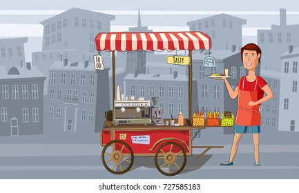 Street food, coffee, trolley with the seller, fast food, urban landscape background, vector, banner, cartoon style, illustration
