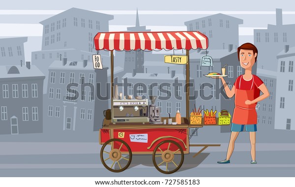 Street food, coffee, trolley with the\
seller, fast food, urban landscape background, vector, banner,\
cartoon style,\
illustration