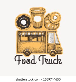 Street food coffee van logo template. Hand drawn vector truck with fast food pastry illustrations. Engraved style donuts and croissant truck retro design.