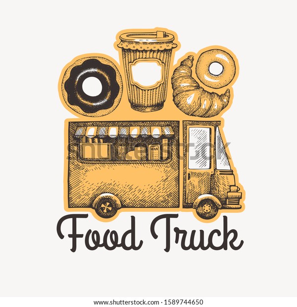 Street food coffee van logo template.\
Hand drawn vector truck with fast food pastry illustrations.\
Engraved style donuts and croissant truck retro\
design.