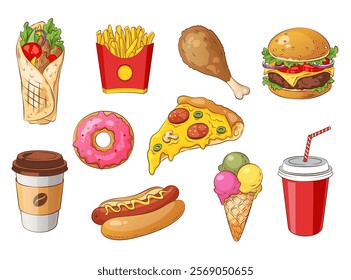 Street food collection, vector fast food illustrations. Takeaway meals isolated on white