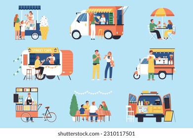 Street food color set with isolated compositions of ice cream stalls trucks and trailers selling food vector illustration