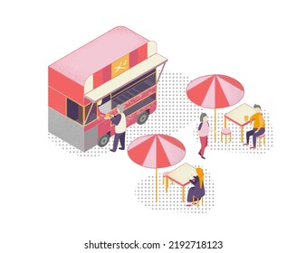Street Food Concept 3D Isometric View. Vector illustration of Cafe Truck and Outdoor Table with Chairs