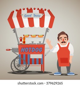 Street Food Concept with Hot Dog Cart and Seller. Vector illustration